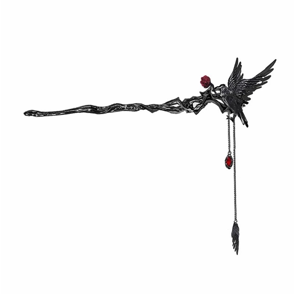 Raven & Rose Hair Pin – Dark Romantic Gothic Hair Stick with Red Crystal Drop